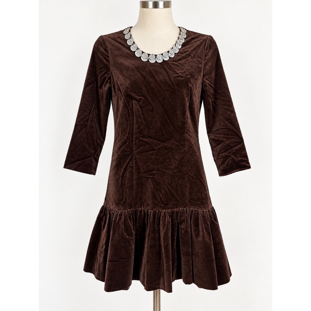 Plenty by Tracy Reese Velvet Dress 4 Cocoa Brown Coin Neck Drop Waist Boho NWT